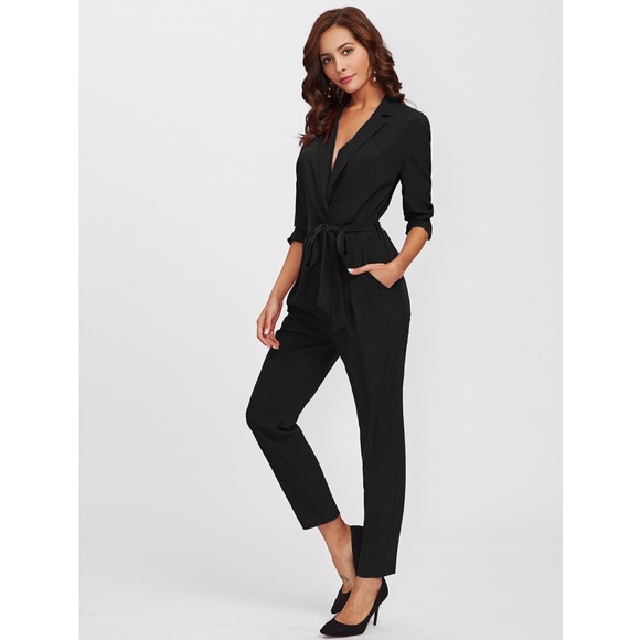 Rouge! Pants - Deep V-Neck Lapel Black Belted Tapered Jumpsuit